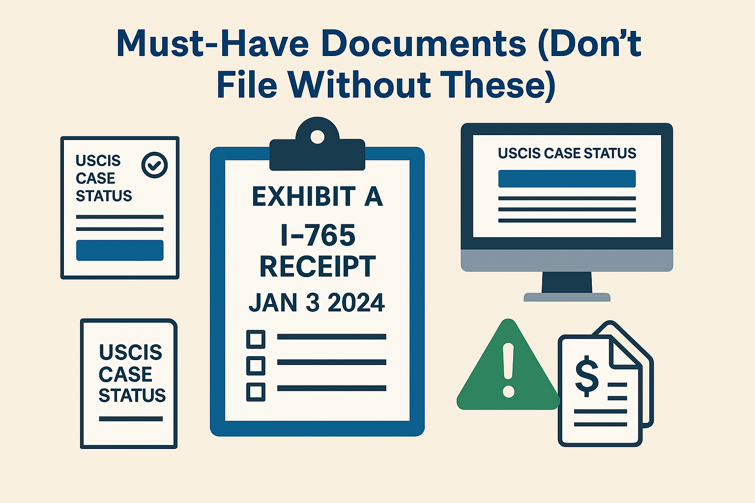 Illustration of required documents for a Pro Se Mandamus petition, including I-765 receipt notice labeled Exhibit A, USCIS case status screenshots, and supporting evidence used to prove immigration case delays
