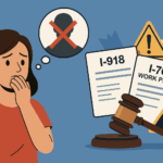 Illustration of a worried woman thinking about her U-Visa and I-765 work permit, with immigration documents, warning signs, and a judge’s gavel representing common fears about filing a Pro Se Mandamus for immigration case delays