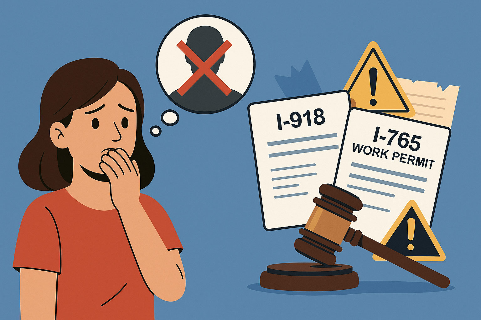 Illustration of a worried woman thinking about her U-Visa and I-765 work permit, with immigration documents, warning signs, and a judge’s gavel representing common fears about filing a Pro Se Mandamus for immigration case delays