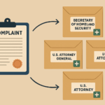 Flat-style digital illustration showing four certified mail envelopes prepared for proper Pro Se Mandamus service to USCIS, DHS, DOJ, and the U.S. Attorney, highlighting legal mailing steps in immigration delay cases